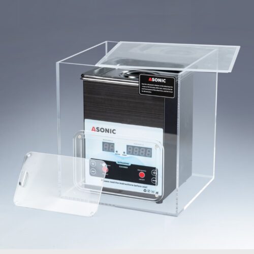 Scatola silenziosa aperta che mostra un pulitore a ultrasuoni ASONIC da 2 litri all'interno, progettato per ridurre il rumore durante il funzionamento.