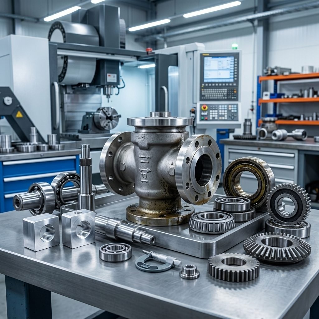 Composants industriels, vannes et engrenages dans une usine